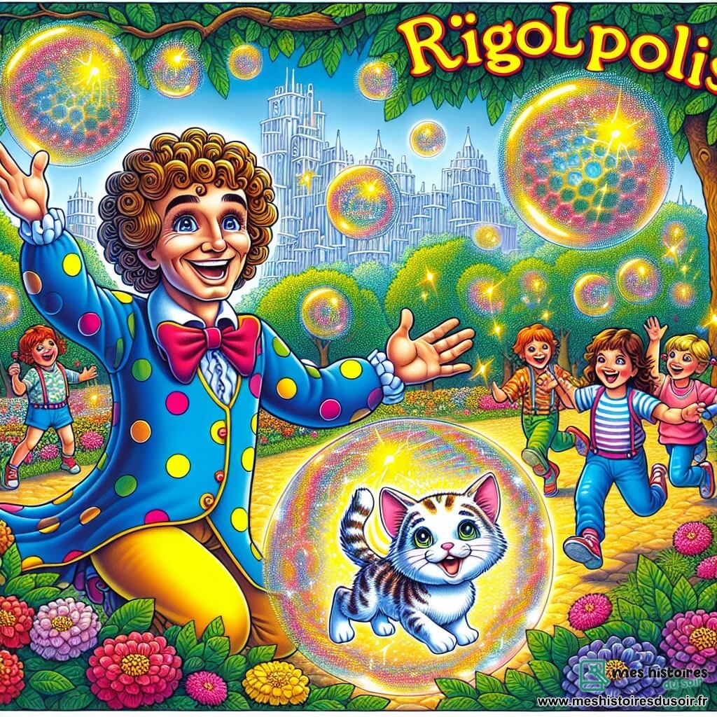 Illustration d'une scène joyeuse dans un parc coloré de Rigolopolis, avec des arbres aux feuilles vertes éclatantes et des fleurs multicolores. Au centre, un homme aux cheveux bouclés et à la cape à pois bleus, souriant, fait éclater des bulles de savon géantes, créant une ambiance magique. À ses côtés, un petit chat aux poils soyeux et aux yeux malicieux lévite dans les airs, entouré de bulles scintillantes. En arrière-plan, un groupe d’enfants de 8 à 10 ans, joyeux, applaudissent et rient, certains tenant des ballons colorés. Des éclats de rire flottent dans l’air, et les bulles brillent sous le soleil, ajoutant une touche de magie à cette scène pleine de vie et de bonheur.