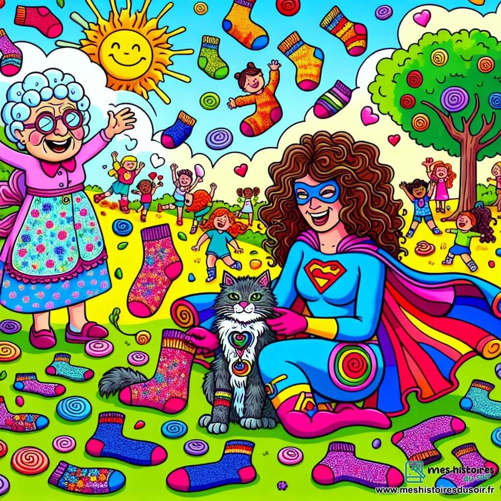 Illustration d'un parc ensoleillé de Rireville, où les arbres ont des feuilles en guimauve et les nuages sont en forme de bonbons colorés. Au centre, une super-héroïne aux cheveux bouclés et à la cape flottante porte un costume aux couleurs vives, avec des chaussettes multicolores dansant autour d'elle. Agenouillée, elle rit en tenant un chat aux yeux malicieux, avec des traces de chocolat sur le museau. À côté, une vieille dame ridée et souriante, avec des lunettes rondes et un tablier fleuri, observe la scène, les bras croisés. En arrière-plan, des enfants rient et jouent, entourés d'un tas de chaussettes colorées. La super-héroïne tente d'attraper le chat gourmand, créant une ambiance joyeuse et ludique, pleine de couleurs et de rires.