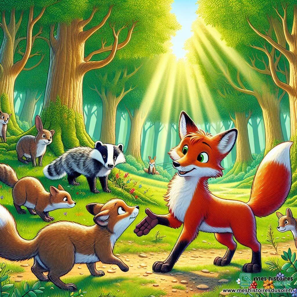 Illustration d'une clairière ensoleillée dans la forêt de Chênebois, où de grands chênes aux feuilles vertes s'élèvent majestueusement. Au centre, un jeune renard de 11 ans au pelage roux éclatant tend une patte vers une renarde au pelage sombre, qui regarde timidement le groupe d'animaux. Elle semble hésitante mais pleine d'espoir, tenant un livre. En arrière-plan, des animaux, dont un blaireau et une lapine, observent avec étonnement. Le jeune renard encourage la renarde à se joindre à eux, illustrant un moment de camaraderie où la différence est célébrée. Des fleurs colorées parsèment le sol et un arc-en-ciel symbolise la diversité et l'harmonie.