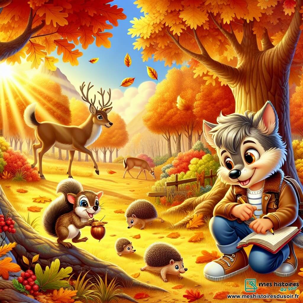 Illustration d'une clairière automnale illuminée, entourée de grands chênes aux feuilles éclatantes et de buissons colorés. Au centre, un petit loup de 11 ans, au pelage doux et soyeux, avec des yeux curieux, est accroupi, carnet et crayon à la main, observant un hérisson se faufilant dans les feuilles. Près de lui, un écureuil espiègle, à la fourrure rousse et à la queue touffue, grimpe sur une branche en lançant une noisette au loup. La scène respire la joie et l'émerveillement, avec des feuilles dorées tombant lentement. En arrière-plan, des cerfs majestueux broutent paisiblement, ajoutant sérénité à ce tableau automnal.