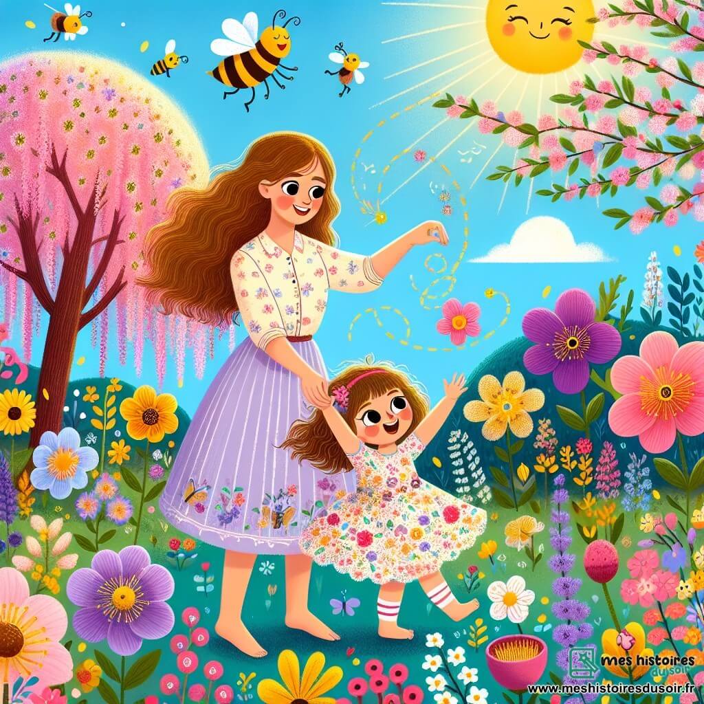 Illustration d'un jardin printanier rempli de fleurs colorées aux pétales violets, roses et jaunes, avec des arbres en fleurs et un ciel bleu éclatant. Au centre, une petite fille d'un an, aux grands yeux brillants et aux cheveux bouclés, danse joyeusement en robe légère à motifs floraux, les bras levés et un grand sourire. À ses côtés, une femme d'environ 30 ans, aux cheveux longs et bruns, vêtue d'une blouse légère, observe sa fille avec tendresse tout en tenant un petit panier de fleurs. Des abeilles bourdonnent autour des fleurs et un petit oiseau bleu chante sur une branche, ajoutant une touche de magie à la scène. L'atmosphère est joyeuse et ensoleillée, évoquant la beauté du printemps.