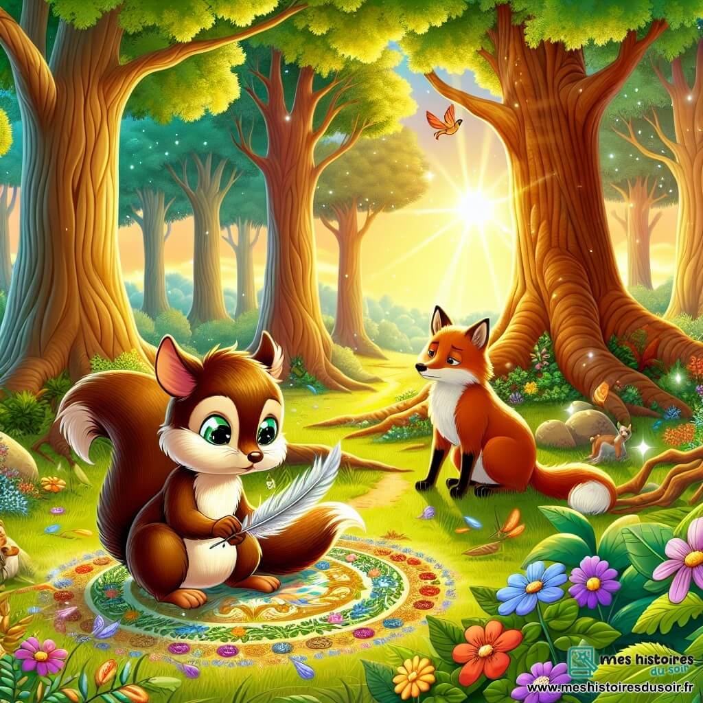 Illustration d'une clairière paisible dans une forêt enchantée, baignée par la lumière dorée du soleil couchant. Des arbres majestueux aux troncs épais entourent l'espace, tandis que des fleurs colorées parsèment le sol, créant un tableau vivant. Au centre, un petit écureuil de 11 ans, avec un pelage brun roux et des yeux curieux, est assis sous un chêne, l'air pensif et les larmes aux yeux, tenant une plume argentée. À côté, une renarde âgée, au pelage roux et aux yeux sages, l'observe avec tendresse, lui offrant du réconfort. L'écureuil crée un mandala avec des plumes et des feuilles en hommage à un ami disparu, tandis que des étoiles brillent dans le ciel et qu'un léger vent fait danser les feuilles, comme un soutien de la forêt.