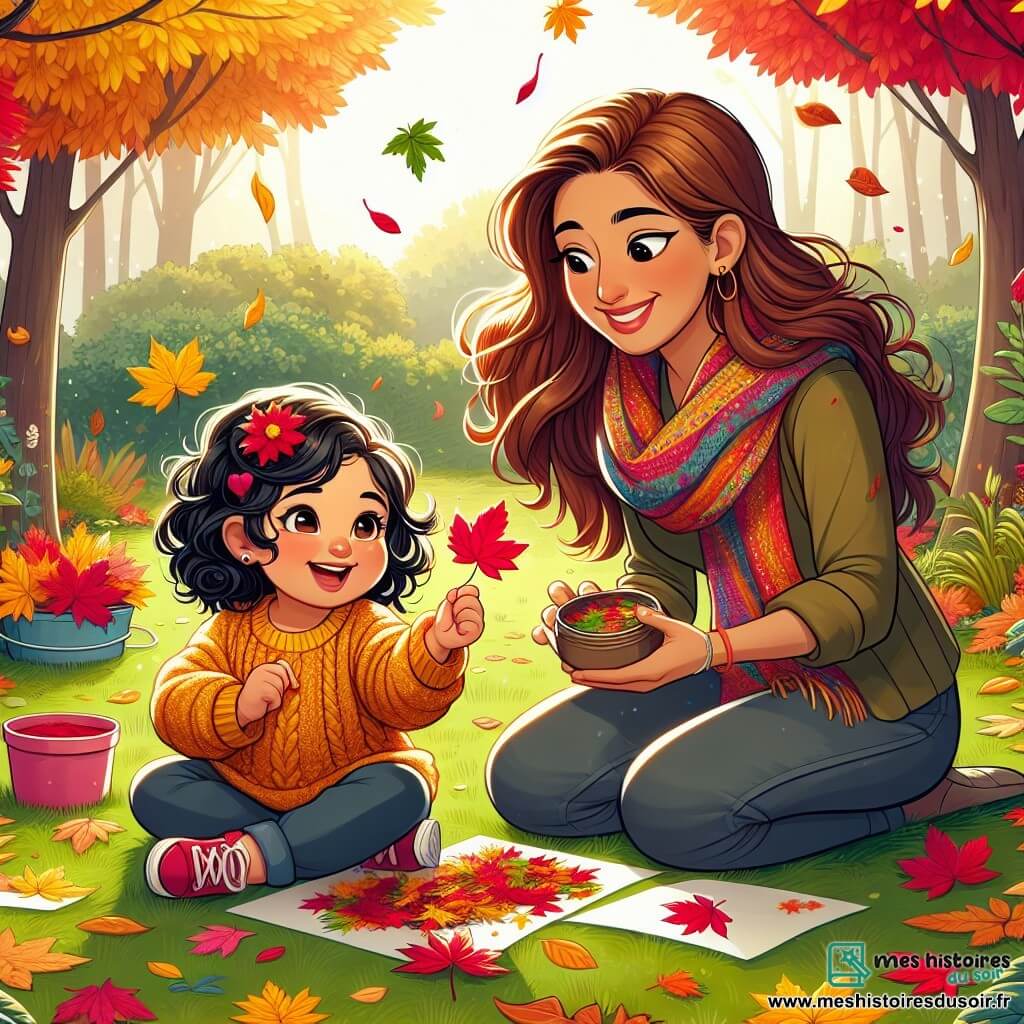 Illustration d'un jardin en automne, rempli de feuilles rouges, jaunes et oranges tombant des arbres majestueux. Au centre, une petite fille d'un an, avec des cheveux bouclés et des yeux pétillants, sourit en tenant une feuille rouge dans sa main. Elle porte un pull en laine jaune et un pantalon en denim, assise sur l'herbe verte, entourée de feuilles. À côté d'elle, une femme d'environ 30 ans, avec des cheveux longs et bruns, portant une écharpe colorée, sourit en regardant la petite fille tout en tenant un pot de colle et des feuilles prêtes à être collées. La scène dégage une atmosphère chaleureuse et joyeuse, éclairée par un doux soleil d'automne, créant une ambiance de créativité et de complicité entre la mère et sa fille.