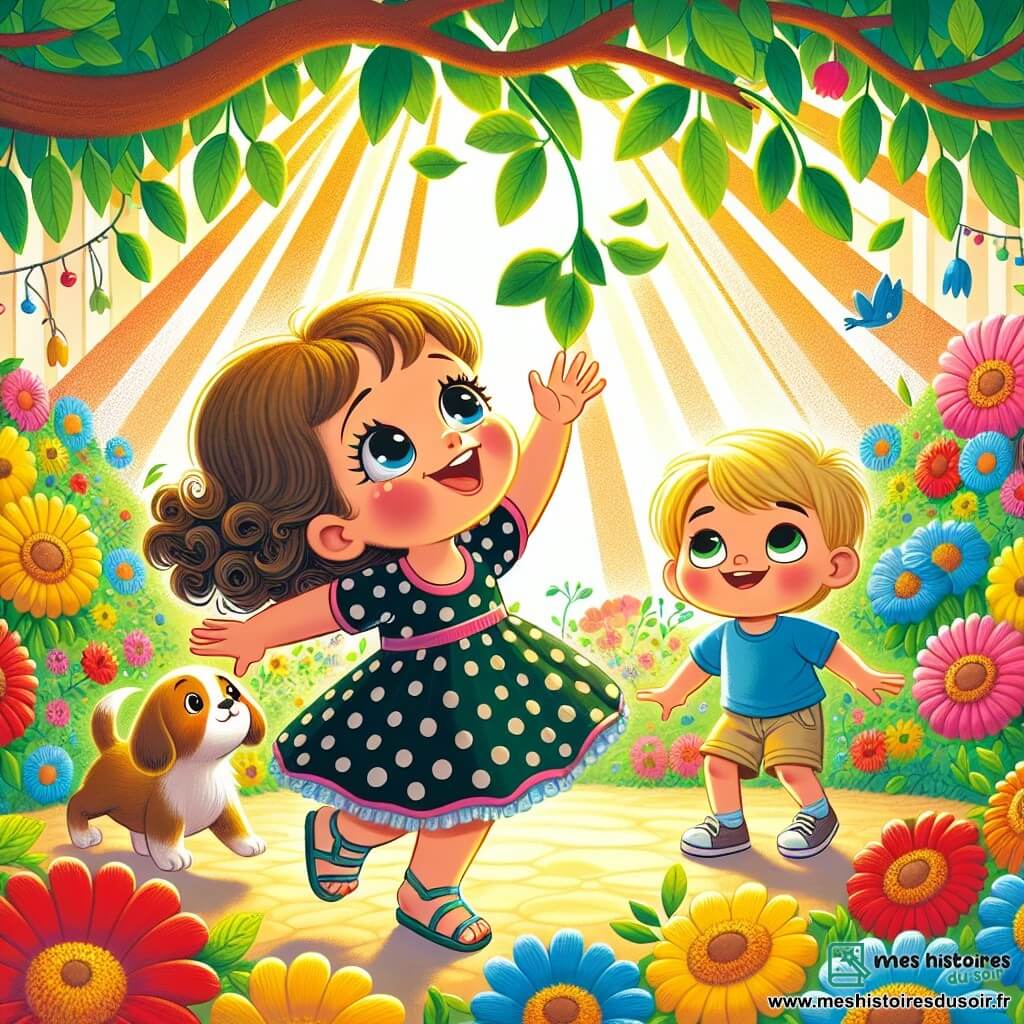 Illustration d'un jardin ensoleillé, rempli de fleurs colorées aux pétales éclatants de rouge, jaune et bleu. Au centre, une petite fille d'environ 6 ans, avec de grands yeux brillants et des cheveux bouclés, sourit joyeusement en portant une robe à pois et des sandales. Elle tend les bras vers une feuille verte accrochée à une branche d'arbre haute. À ses côtés, un petit garçon d'environ 6 ans, avec des cheveux courts et blonds, regarde avec émerveillement, vêtu d'un t-shirt bleu et d'un short beige, levant également les bras. Un petit chien, un chiot marron clair, saute autour d'eux, sa queue remuant avec enthousiasme. L’atmosphère est pleine de bonheur et d’amitié, avec des rayons de soleil filtrant à travers les feuilles de l’arbre, créant des ombres dansantes sur le sol.
