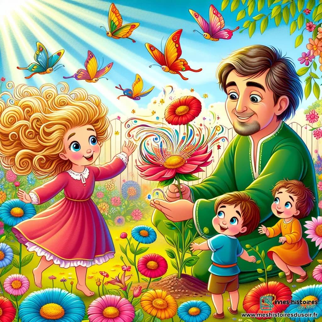 Illustration d'un jardin enchanté, rempli de fleurs colorées qui dansent au vent. Les fleurs éclatantes, aux pétales rouges, bleus et jaunes, sont entourées de papillons. Au centre, un homme aux grands yeux brillants et au sourire doux, vêtu d'une tunique verte, se penche tendrement pour planter une nouvelle fleur. Autour de lui, des enfants de 6 à 8 ans s'émerveillent. Une fille aux cheveux bouclés et blonds, en robe rose, saute de joie en pointant les fleurs, tandis qu'un garçon aux cheveux bruns, en t-shirt bleu, sourit avec un petit arrosoir. La scène dégage une atmosphère magique et joyeuse, illuminée par le soleil, avec des oiseaux chantant dans les arbres, ajoutant vie à ce moment enchanteur.