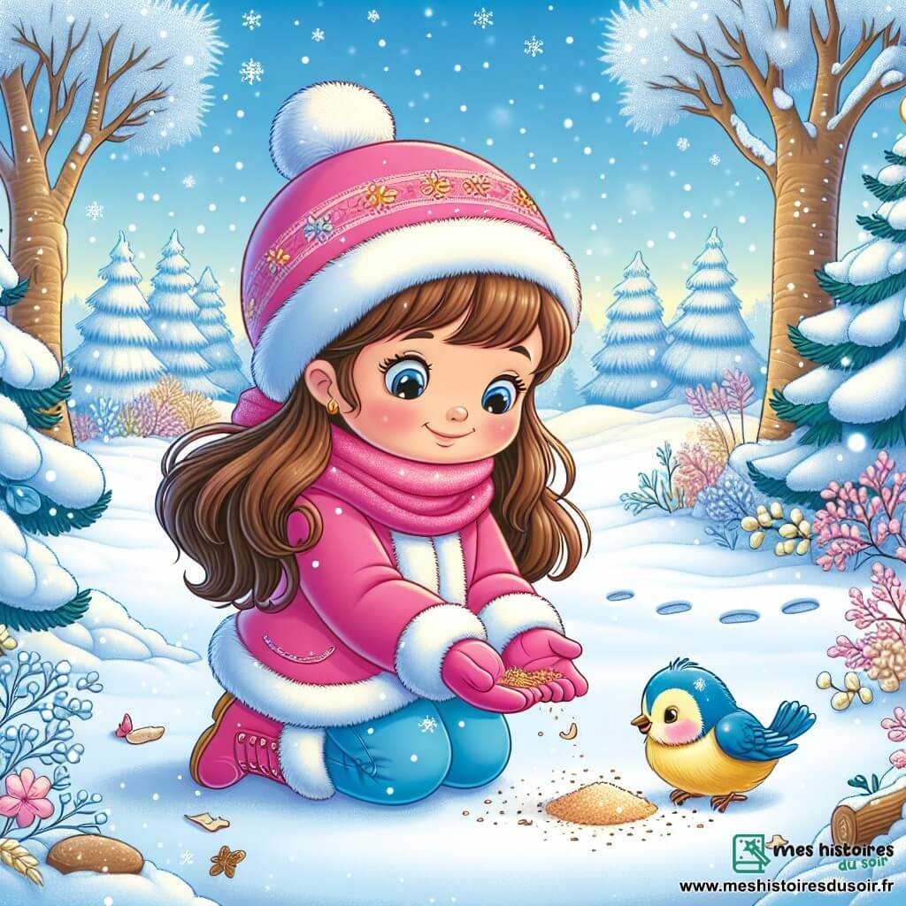 Illustration d'un jardin d'hiver féerique, recouvert de neige scintillante sous un ciel bleu clair. Des flocons tombent doucement, créant une atmosphère magique. Au centre, une petite fille de 5 ans, avec de longs cheveux bruns et des joues roses, porte un manteau rose vif et des gants assortis. Elle est accroupie, souriante, dispersant des miettes de pain pour un petit oiseau. À proximité, un oiseau aux plumes jaunes et bleues picore les miettes avec enthousiasme. En arrière-plan, une maman d'environ 30 ans, avec des cheveux châtains et un sourire bienveillant, observe sa fille avec tendresse. La scène dégage une ambiance joyeuse et chaleureuse, illustrant l'amitié entre l'enfant et l'oiseau dans un paysage hivernal enchanteur, avec des arbres chargés de neige et des empreintes de pas ajoutant des détails charmants.