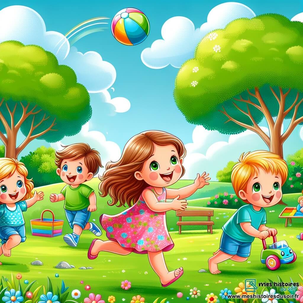 Illustration d'un parc ensoleillé avec de grands arbres verts et un ciel bleu parsemé de nuages blancs. Au centre, trois enfants jouent sur l'herbe. Une fille d'environ 6 ans en robe rose à fleurs court avec un sourire, ses cheveux bruns flottant. À côté, un garçon de 7 ans en t-shirt bleu lève les bras, prêt à attraper une balle colorée. Un autre garçon de 5 ans, avec des cheveux blonds et une petite poussette, regarde la balle avec émerveillement. La scène symbolise l'amitié et le bonheur, avec des fleurs colorées et un banc en bois en arrière-plan.