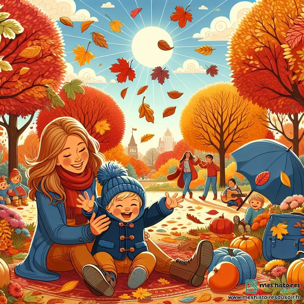 Illustration d'un parc en automne, rempli de feuilles colorées tombant des arbres majestueux aux feuillages rouges, jaunes et bruns, recouvrant le sol d'un tapis croustillant. Au centre, un petit garçon d'un an, cheveux blonds et joues roses, porte un manteau bleu et un bonnet en laine. Assis par terre, il rit en tendant les bras vers les feuilles. À côté, une femme d'une trentaine d'années, cheveux bruns et sourire chaleureux, observe son fils tendrement, tenant une pomme rouge. En arrière-plan, des familles s'amusent, des enfants jouent avec des citrouilles, et un homme chante avec une guitare, créant une ambiance joyeuse. Des nuages blancs flottent dans un ciel bleu clair, tandis que le soleil brille doucement, illuminant ce moment magique d'automne.