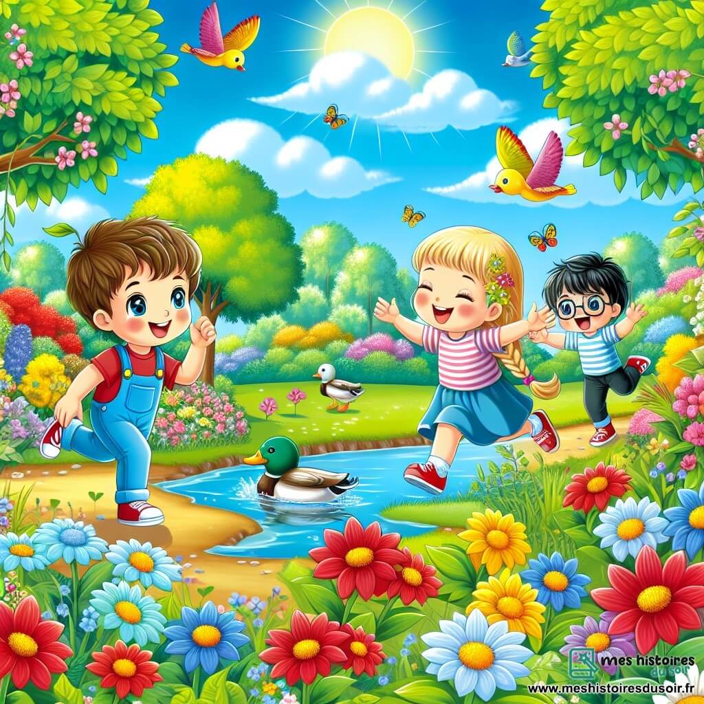 Illustration d'un parc printanier avec des fleurs colorées en jaune et rouge, des arbres aux feuilles vertes éclatantes, et un ciel bleu avec des nuages blancs. Au centre, un garçon de 5 ans avec des cheveux bruns et des yeux pétillants sourit en touchant les feuilles d'un arbre. À côté, une fille de 6 ans aux cheveux blonds tressés rit en sautant. Un autre garçon de 5 ans, cheveux noirs et lunettes, court vers eux, les bras ouverts. La scène montre les enfants jouant ensemble, entourés de canards dans un petit étang, tandis que des papillons colorés volent autour des fleurs, ajoutant de la magie à ce moment joyeux. Le soleil brille, créant une atmosphère chaleureuse et accueillante.