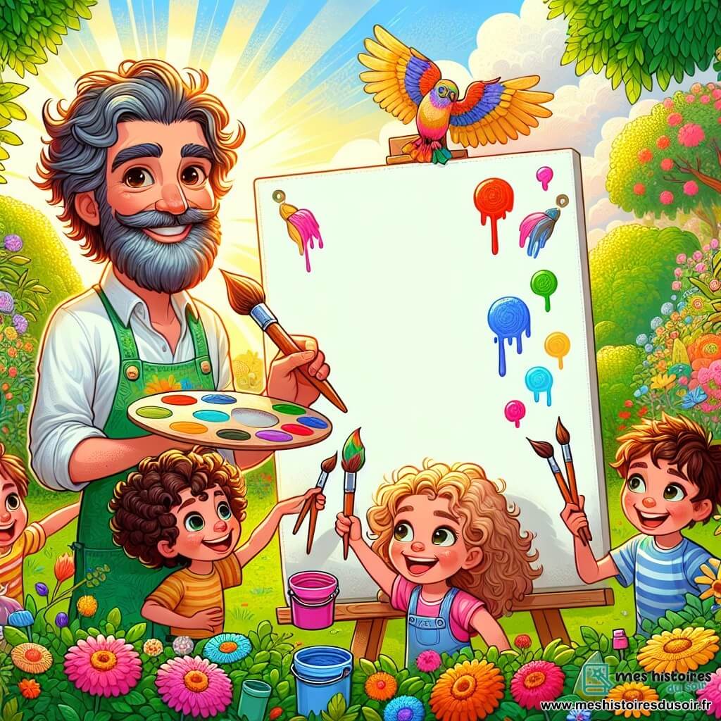 Illustration d'un parc ensoleillé, rempli de fleurs colorées et de grands arbres aux feuilles vertes. Au centre, un grand panneau blanc attend d'être peint, entouré de rires. Un homme aux cheveux bouclés et à la barbe poivre et sel, vêtu d'un tablier taché de peinture, sourit en tenant un pinceau et un pot de peinture. À ses côtés, une petite fille d'environ 8 ans, aux cheveux bouclés, observe le panneau avec émerveillement. Un groupe de trois garçons, âgés de 7 à 9 ans, se tient un peu plus loin, montrant excitation et hésitation. La scène illustre des enfants rassemblés autour du panneau, prêts à créer une fresque collective, avec des pots de peinture et des pinceaux colorés, symbolisant la joie et la créativité de cet instant partagé.