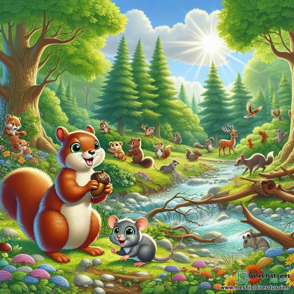 Illustration d'une clairière ensoleillée dans une forêt verdoyante, avec de grands arbres et un ruisseau scintillant entouré de fleurs colorées et de petites pierres. Au centre, un jeune écureuil de 11 ans, à la fourrure brun éclatant et aux yeux curieux, plante un gland, sa queue touffue levée, montrant son enthousiasme. À ses côtés, une petite souris grise de 11 ans ramasse des branches mortes, son visage déterminé. En arrière-plan, un groupe d'animaux, dont un hérisson et un renard, sourient et manifestent leur entraide, illustrant la camaraderie. La scène respire la joie et l'engagement, avec des rayons de soleil illuminant le travail collectif des animaux pour préserver leur environnement, tandis que des oiseaux chantent, ajoutant magie à ce moment précieux.