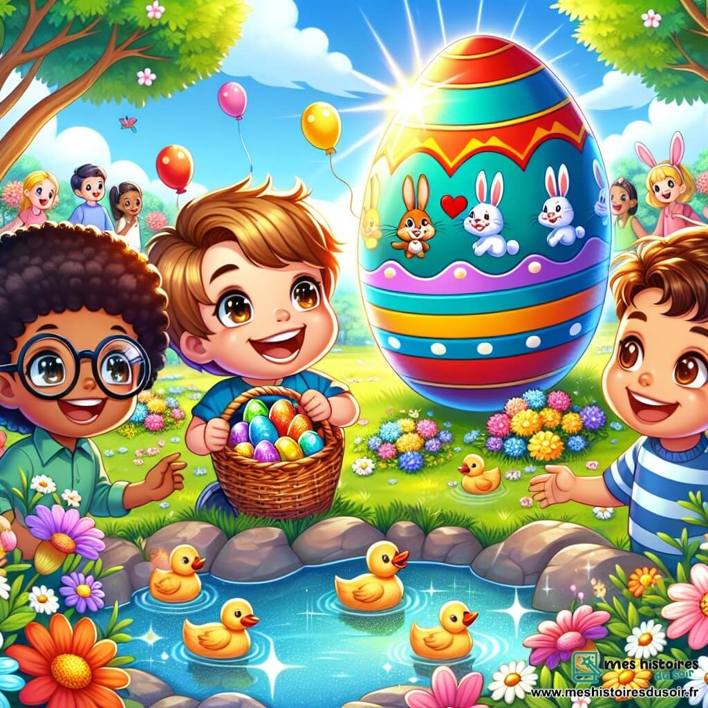 Illustration d'un parc ensoleillé pendant la fête de Pâques, rempli de fleurs colorées, de grands arbres et d'un lac où nagent des canards. Un grand œuf de Pâques géant, décoré de motifs éclatants et d'un nez rouge, attire l'attention des enfants. Trois garçons d'environ huit ans entourent l'œuf : le premier, souriant avec un panier de chocolats en forme de lapins, le deuxième, curieux avec des lunettes rondes, et le troisième, le plus petit, pointant l'œuf avec excitation. La scène est joyeuse, avec des rires d'enfants et des familles rassemblées, tandis que des ballons colorés flottent dans le ciel bleu.