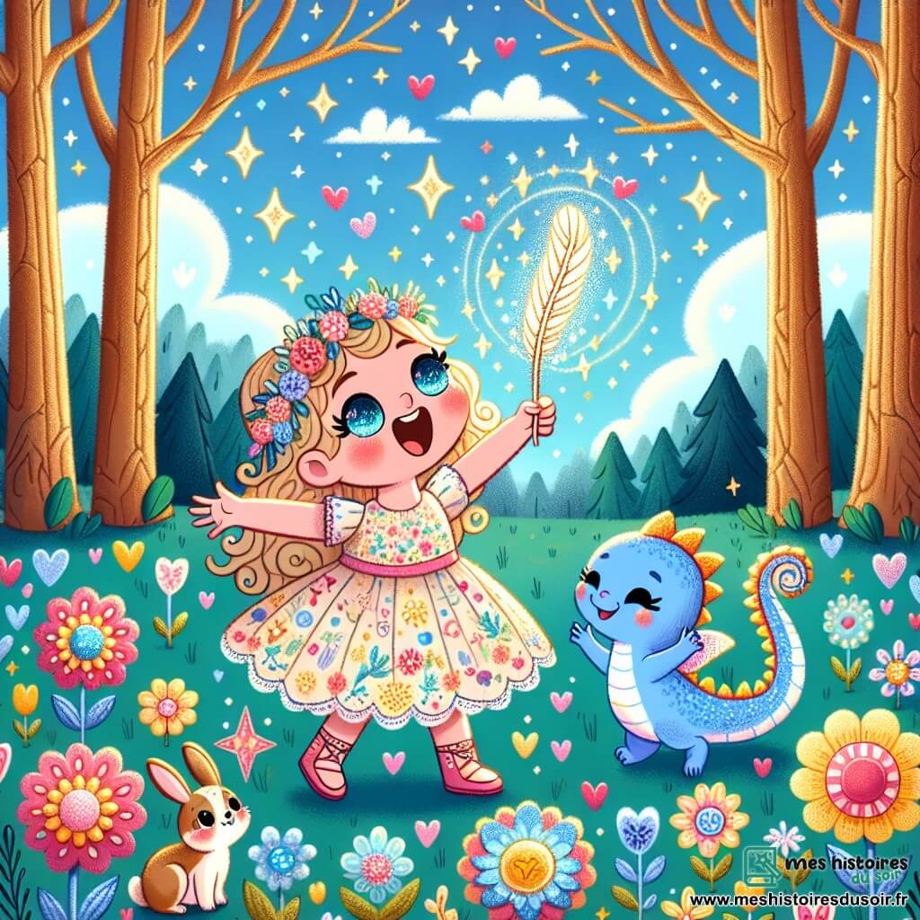 Illustration d'une forêt enchantée avec de grands arbres dorés sous un ciel bleu et des nuages en forme de cœur. Le sol est couvert de fleurs multicolores chantantes, leurs pétales scintillant comme des étoiles. Au centre, une petite fille d'un an, aux grands yeux pétillants et cheveux bouclés, danse joyeusement dans une robe à motifs floraux. À ses côtés, un dragon bleu aux écailles brillantes et ailes délicates bat des ailes avec enthousiasme. Ensemble, ils découvrent une plume magique sur une fleur chantante, entourée d'éclats de lumière. Des animaux de la forêt, comme des lapins et des oiseaux colorés, les regardent avec émerveillement.