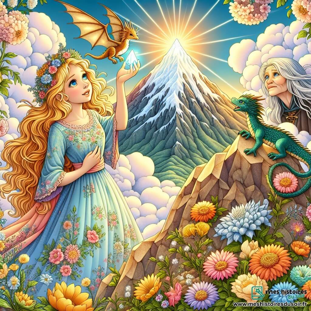 Illustration d'une scène magique au sommet d'une montagne ensoleillée, où une pierre de lumière scintillante brille au centre. La montagne est entourée de nuages doux, et des fleurs colorées poussent sur les pentes. Au premier plan, une jeune femme aux longs cheveux dorés, souriante, porte une robe légère aux teintes pastel ornée de motifs floraux. Elle tend la main vers la pierre de lumière, pleine de détermination. À ses côtés, un petit dragon aux écailles vertes et dorées bat des ailes avec enthousiasme, prêt à l'aider. En arrière-plan, une sorcière aux cheveux argentés et à la robe sombre observe la scène avec surprise, réalisant que la gentillesse peut changer son cœur. La situation principale montre la jeune femme tendant la main vers la pierre, tandis que le dragon et la sorcière l'observent, créant une atmosphère d'espoir et de magie, avec des éclats de lumière illuminant les personnages et les fleurs, symbolisant le pouvoir de la gentillesse et de l'amitié.