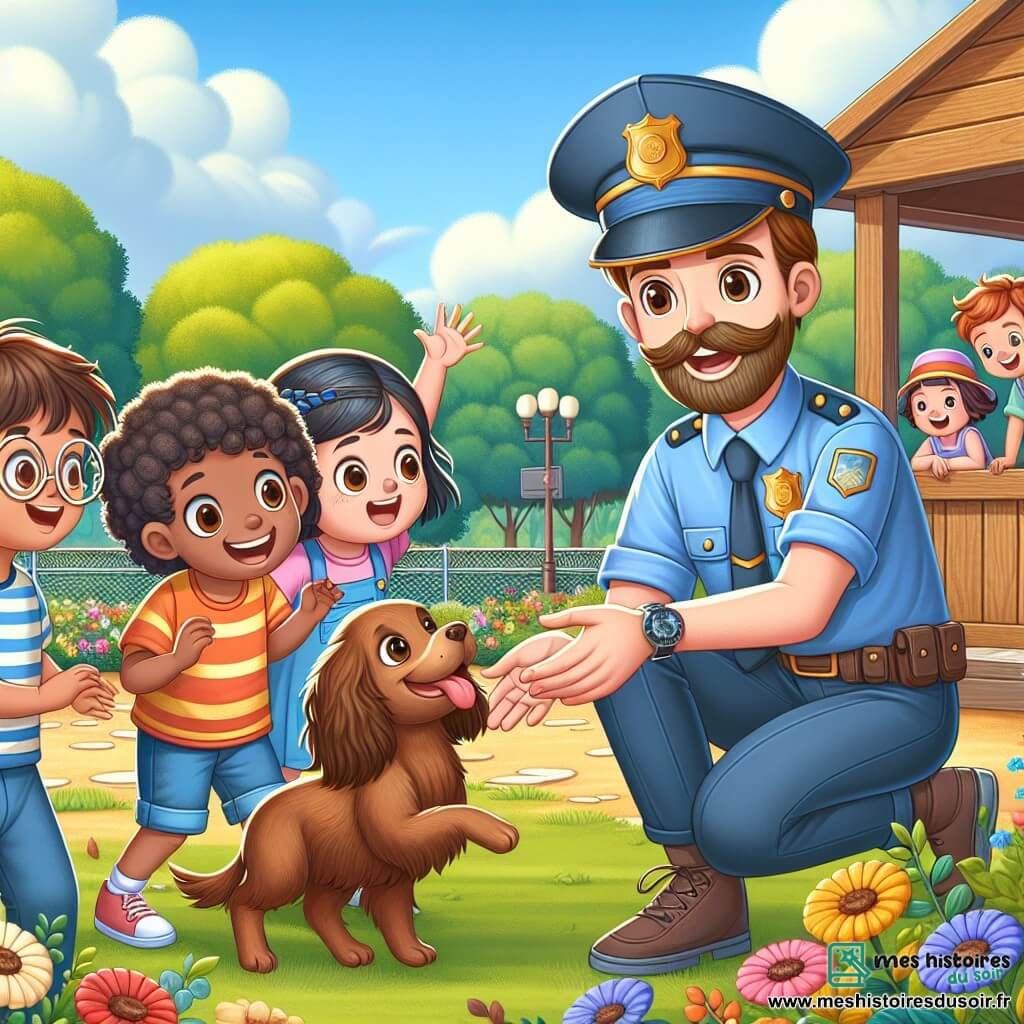 Illustration d'un parc ensoleillé, rempli de fleurs colorées et d'arbres verdoyants, sous un ciel bleu clair avec quelques nuages blancs. Au centre, un policier d'une trentaine d'années, cheveux bruns et moustache bien taillée, sourit en s'accroupissant pour tendre la main vers un petit épagneul brun aux grandes oreilles, qui remue la queue avec enthousiasme. Autour de lui, quatre enfants, deux filles et deux garçons âgés de 8 à 10 ans, affichent des expressions joyeuses. Les filles, l'une avec des cheveux bouclés et l'autre avec une tresse, portent des t-shirts colorés et des shorts. Les garçons, l'un avec des lunettes rondes et l'autre avec des cheveux en bataille, s'approchent du chien avec excitation. En arrière-plan, un kiosque en bois où un homme attend avec un petit chien dans les bras. L'atmosphère est joyeuse et amicale, illustrant un moment de camaraderie.