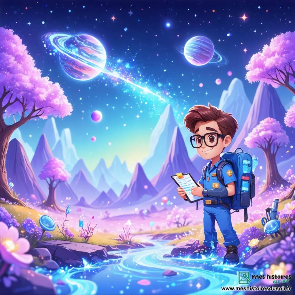 Illustration d'un paysage coloré de la planète Zog, avec des arbres violets scintillants, des montagnes roses et des rivières d'argent sous un ciel bleu éclatant. Au premier plan, un homme aux cheveux bruns en désordre, avec de grands yeux brillants et un sourire enthousiaste, porte un uniforme spatial et tient un sac à dos rempli d'outils de cuisine, émerveillé par des fleurs chantantes qui dansent autour de lui. À ses côtés, une jeune femme d'environ 30 ans, blonde et portant des lunettes, examine un fruit lumineux tout en prenant des notes sur une tablette. La scène évoque une atmosphère d'exploration joyeuse, avec des éclats de lumière des plantes étranges et des étoiles scintillantes dans le ciel. Des échantillons de fruits et légumes colorés sont éparpillés autour d'eux, illustrant leur découverte d'ingrédients extraordinaires sur cette planète fascinante.