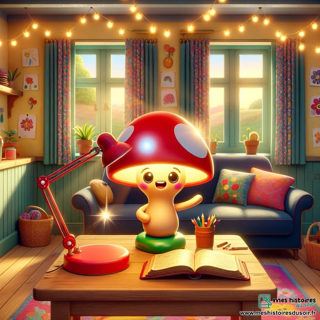 Illustration d'une scène chaleureuse dans une cuisine lumineuse aux murs jaune pastel et rideaux fleuris. Au centre, une petite lampe de bureau rouge vif, avec un abat-jour en forme de champignon, illumine la pièce malgré un bras manquant. À côté, un livre ancien aux pages jaunies est ouvert, tandis qu'un canapé bleu marine en arrière-plan, orné de coussins colorés, ajoute du confort. La lampe s'adresse à ses amis, le livre et le canapé, qui l'écoutent avec encouragement. Des guirlandes lumineuses décorent la pièce et des objets divers sont éparpillés sur la table, témoignant de préparatifs pour un spectacle sur la diversité et l'inclusion. L'atmosphère est chaleureuse, illustrant l'acceptation et la célébration des différences.