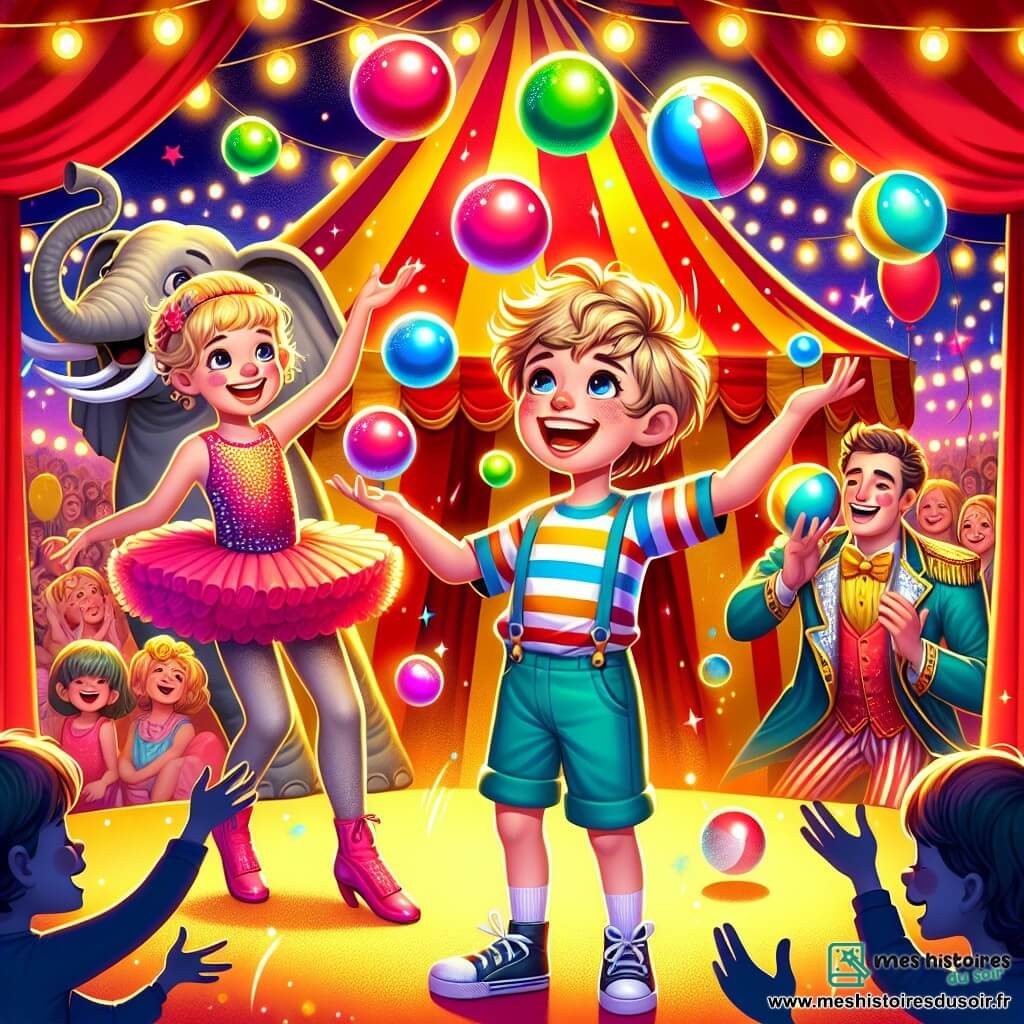 Illustration d'un chapiteau de cirque coloré, rouge et jaune, avec des lumières scintillantes et des ballons flottants. À l'intérieur, un garçon de 7 ans aux cheveux blonds en bataille jongle avec des balles multicolores, souriant et pétillant d'excitation. À ses côtés, une fille de 10 ans en tutu rose l'encourage, tandis qu'un homme musclé en costume d'acrobate applaudit. L'atmosphère est joyeuse et magique, avec des enfants riant, des parents prenant des photos, et des éléphants en arrière-plan se dressant sur leurs pattes arrière, ajoutant à l'émerveillement de la scène.
