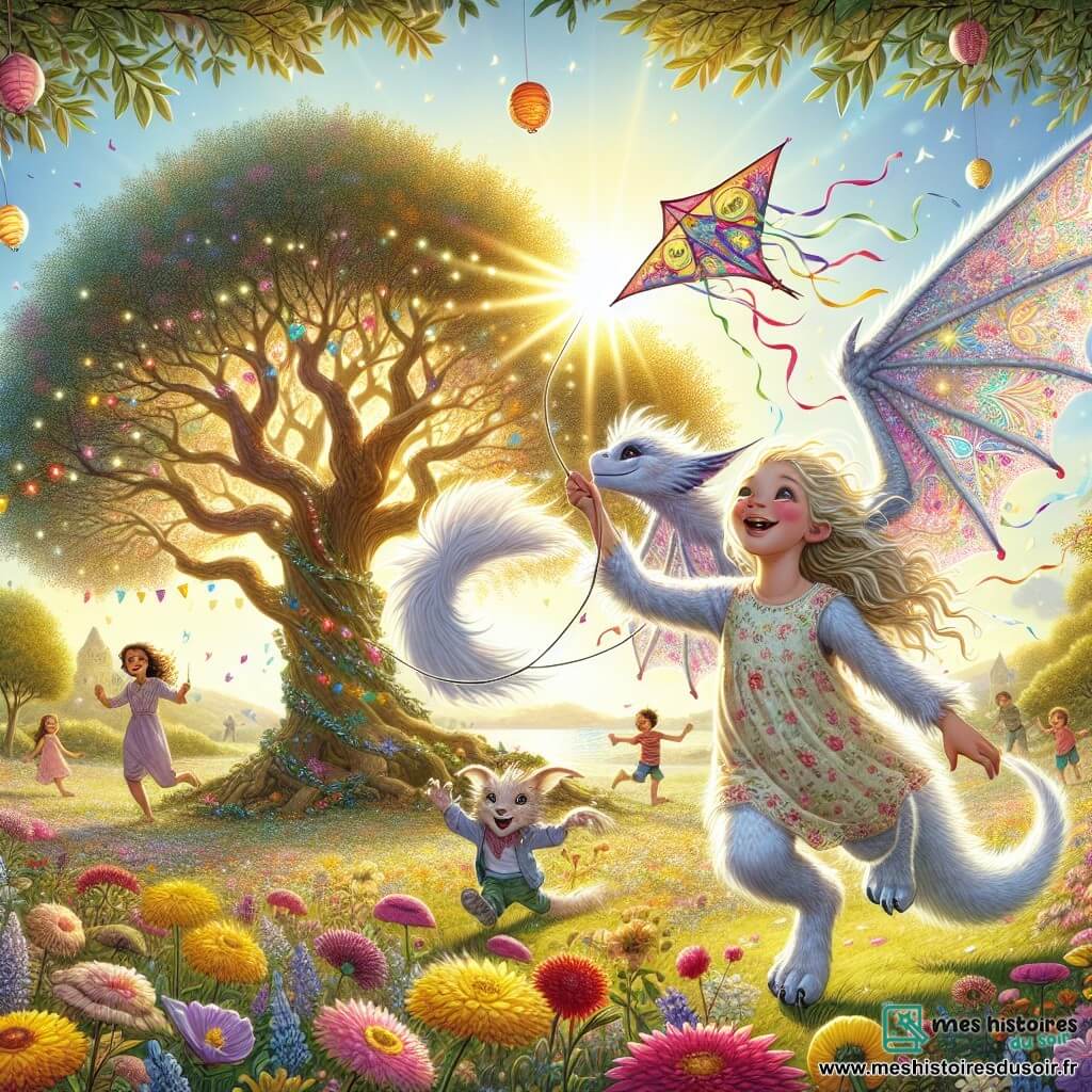 Illustration d'un jardin ensoleillé, rempli de fleurs colorées aux teintes de rose, jaune et violet, avec un grand chêne au centre, dont les branches s'étendent comme des bras accueillants. Au premier plan, un jeune animal aux ailes chatoyantes et au pelage doux court joyeusement avec un cerf-volant en forme de dragon, ses yeux pétillants de bonheur. À ses côtés, une petite fille de 10 ans, aux cheveux blonds, sourit en tenant le fil du cerf-volant, vêtue d'une robe légère à fleurs. Ensemble, ils s'amusent à faire voler leur création dans le ciel bleu, où flottent quelques nuages blancs. En arrière-plan, d'autres enfants jouent, ajoutant une ambiance festive à cette scène estivale joyeuse, tandis que des lanternes colorées sont accrochées aux branches du chêne, prêtes à illuminer la soirée.