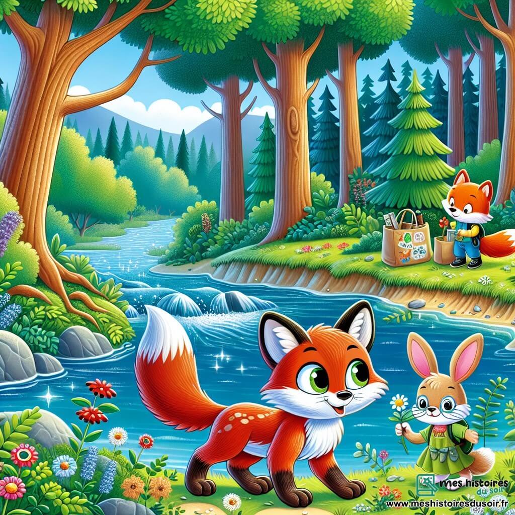 Illustration d'une forêt verdoyante au bord d'une rivière scintillante, avec des arbres majestueux aux troncs épais et des fleurs colorées. Au premier plan, un renard de 11 ans avec une fourrure rousse et des yeux curieux observe l'eau, tenant un panneau fait maison sur la protection de l'environnement. À ses côtés, une lapine de 11 ans ramasse des déchets, déterminée et joyeuse. En arrière-plan, un hibou sage, perché sur une branche, regarde la scène. Les trois amis agissent ensemble pour nettoyer la rivière, entourés de déchets, symbolisant leur lutte contre la pollution, sous des rayons de soleil qui créent une atmosphère d'espoir et de camaraderie, avec des oiseaux colorés dans le ciel.