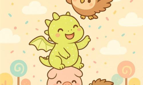 Un petit dragon vert citron, Friselis, avec des écailles scintillantes comme des bonbons, sourit joyeusement au sommet d'une pyramide d'animaux. La chouette Mélodie, avec ses plumes douces et ses grands yeux curieux, vole au-dessus de Friselis, battant des ailes avec enthousiasme. Le cochonnet Pirouette, rose et rond, est en bas de la pyramide, riant aux éclats. Le hérisson Biscotte, avec ses piquants doux et un sourire malicieux, est à côté de Pirouette, regardant vers le haut. La scène se déroule dans la vallée des Nuages Sucrés, où les nuages blancs flottent doucement et les arbres colorés donnent des sucettes. La pyramide d'animaux danse sous une pluie de confettis de sucre, illuminée par la douce lumière de la Lune Brillante.