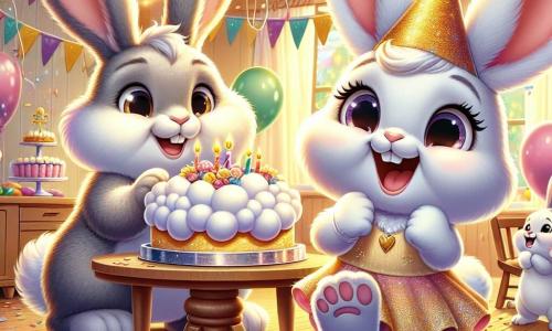Louna, une petite lapine aux grandes oreilles et à la fourrure blanche, saute de joie avec un grand sourire. Elle porte un chapeau pointu décoré de paillettes dorées et tient des ballons colorés. À côté d'elle, sa maman, une lapine au pelage brun clair, sourit en tenant un gâteau moelleux sur un plat brillant, tandis que leur papa, un lapin gris, gonfle des ballons en riant. La scène se déroule dans une cuisine chaleureuse, décorée de guirlandes lumineuses et de ballons, où Louna et sa famille préparent une fête du Nouvel An joyeuse et festive.