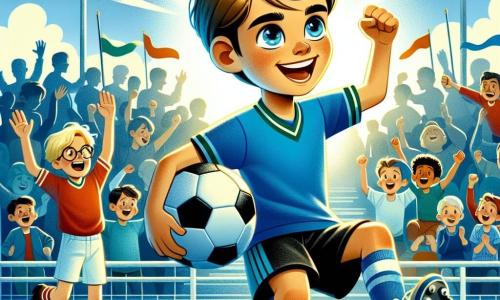 Mathis, un garçon de 12 ans aux cheveux bruns et aux yeux déterminés, célèbre un but marqué au centre de l'image. Il porte un maillot bleu et un short noir, souriant et levant les bras en signe de victoire. À sa droite, Hugo, son meilleur ami, saute de joie avec un ballon sous le bras, vêtu d'un maillot rouge et d'un short blanc. En arrière-plan, le terrain est rempli de spectateurs enthousiastes, applaudissant et encourageant, avec des banderoles colorées et un ciel bleu. La scène illustre le moment de victoire de Mathis lors d'un tournoi régional, entouré de ses amis célébrant leur succès.