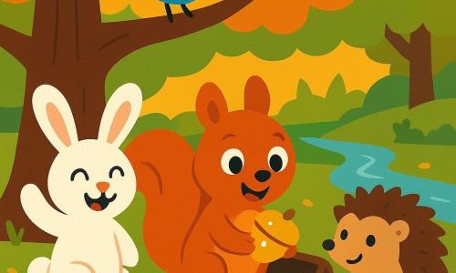 Un petit écureuil roux nommé Noisette, aux yeux brillants et à la queue touffue, agenouillé devant un coffre ouvert tenant une noisette dorée, entouré d'un lapin blanc souriant à gauche, d'un hérisson brun timide à droite et d'un oiseau bleu perché sur une branche d'un grand chêne doré dans une clairière de forêt magique aux feuilles colorées, mousses, champignons rouges et un ruisseau scintillant, ambiance douce d'aventure et de partage, couleurs chaudes et composition simple pour enfants.