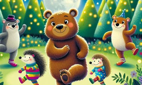 Un ours nommé Oscar, au pelage brun et doux, danse avec enthousiasme dans une clairière. Il se tient sur ses pattes arrière, tournoyant avec énergie. À côté de lui, trois chaussettes magiques colorées, chacune avec des motifs différents, sautent et virevoltent, affichant des visages joyeux. Un hérisson nommé Henri, un peu en retrait, apprend à danser, mêlant timidité et émerveillement. La scène se déroule dans une forêt enchantée, baignée par la lumière de la lune, entourée d'arbres brillants et de fleurs colorées, avec des lucioles scintillantes ajoutant une touche magique. Oscar et ses amis s'amusent ensemble, créant une ambiance joyeuse et festive.