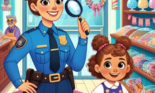 Une policière souriante, Ana, est au centre de l'image. Femme d'une trentaine d'années avec des cheveux bruns en chignon et un uniforme bleu vif, elle examine des miettes de bonbons au sol avec une loupe. À côté d'elle, Léa, une petite fille de six ans aux cheveux bouclés et blonds, regarde avec curiosité, vêtue d'une robe à pois et tenant un carnet pour noter des indices. La scène se déroule dans une boutique de bonbons colorée, avec des étagères remplies de sucreries et Monsieur Martin, un homme âgé, qui les observe avec gratitude. Ana et Léa enquêtent sur des miettes laissées par des écureuils ayant volé des bonbons, créant une atmosphère joyeuse et mystérieuse.