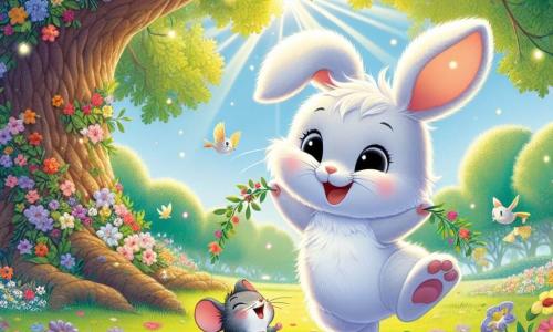 Un petit lapin nommé Pompom, avec un pelage blanc et des yeux pétillants, danse joyeusement sous un chêne décoré de fleurs. À ses côtés, Lili la souris, grise et souriante, tient une guirlande de fleurs. La scène se déroule dans une forêt enchantée, où le soleil brille à travers les feuilles et illumine un tapis d'herbe parsemé de fleurs. Les oiseaux chantent, ajoutant une mélodie joyeuse à l'atmosphère festive. Pompom et Lili célèbrent la fête des fleurs avec leurs amis animaux, remplissant l'air de rires et de bonheur.