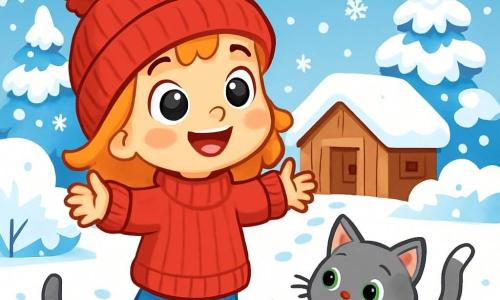 Lila, une petite fille de 4 ans avec de grands yeux et un sourire radieux, porte un pull rouge et un bonnet à pompon. Dans le jardin, elle est émerveillée par la neige qui tombe doucement. Son chaton Minou, un adorable chat gris aux yeux verts, joue dans la neige en sautant. Le jardin est recouvert de flocons, créant un paysage féerique, avec des traces de pas menant à une cabane en bois. Lila, joyeuse, s'apprête à faire un bonhomme de neige, ses joues rosies par le froid, tandis que Minou s'amuse à chasser les flocons.