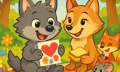 Un petit loup nommé Léo, avec une fourrure grise ébouriffée et des yeux pétillants, est assis sur une couverture rayée dans une prairie verdoyante. Il sourit en tenant une carte colorée, entouré de fleurs sauvages. À côté de lui, sa maman Louve Lila, au pelage doux et soyeux, le regarde avec fierté en tenant un sandwich au miel. En arrière-plan, des amis comme Filou le renard et Margot la souris rient et partagent des friandises. La scène se déroule dans une clairière ensoleillée, entourée d’arbres majestueux, créant une ambiance joyeuse. Léo et sa maman célèbrent la fête des mères, entourés de leurs amis, partageant un pique-nique coloré et des cartes de remerciement.
