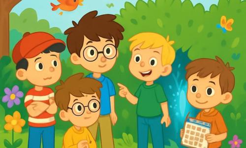 Cinq personnages se tiennent dans un jardin ensoleillé : Jules, 10 ans, cheveux bruns en bataille et lunettes rondes, porte un t-shirt bleu et un short beige, et regarde curieusement un trou dans la haie. Lucas, 9 ans, avec des cheveux blonds et des taches de rousseur, en t-shirt vert et jean, pointe le trou avec un sourire. Sami, 10 ans, cheveux noirs et chapeau rouge, en t-shirt rayé et baskets, est pensif à gauche de Jules. Noé, 9 ans, cheveux châtains et lunettes carrées, en pull jaune et pantalon bleu, observe le trou avec hésitation. Léo, 8 ans, cheveux châtain clair et sourire timide, en chemise à carreaux et short, tient un calendrier, prêt à expliquer. Le jardin est rempli de fleurs colorées et de grands arbres, avec une haie dense et un trou lumineux. Les enfants, émerveillés et excités, se tiennent par la main, prêts à entrer dans un monde fantastique.