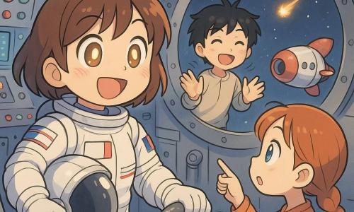 Une jeune astronaute souriante et émerveillée, cheveux courts châtains, casque argenté sous le bras, en combinaison spatiale blanche à bandes colorées, manœuvre un petit volant pour amarrer sa fusée; un garçon d'environ 11 ans, cheveux noirs en bataille, applaudit en aidant près d'une grande porte ronde de la station; une fille d'environ 9 ans, tresse rousse, pointe un petit météore lumineux traversant un grand hublot; intérieur d'une station spatiale reliée à une petite fusée avec panneaux à boutons colorés, écrans lumineux, tuyaux métalliques et rivets, grandes baies vitrées donnant sur l'espace; scène d'amarrage doux sous un ciel étoilé, atmosphère joyeuse et paisible, couleurs douces et style manga aux traits ronds et expressifs.