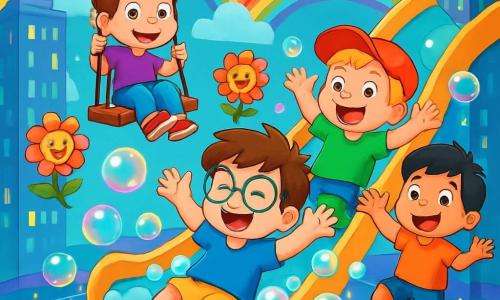 Quatre enfants s'amusent sur une aire de jeux flottante entre deux gratte-ciels. Léo, 5 ans, cheveux bruns et lunettes rondes, rit en glissant sur le toboggan. Max, également 5 ans, avec des cheveux blonds et une casquette rouge, est prêt à glisser derrière lui. Tom, 5 ans, cheveux noirs, saute de joie à côté du toboggan. Simon, 5 ans, cheveux châtains, se balançant sur une balançoire flottante. L'aire de jeux est décorée de bulles colorées et de lumières scintillantes, créant une ambiance magique. Les amis rient en glissant à travers des bulles de savon, entourés de fleurs chantantes.