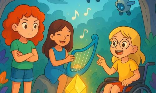 Il y a trois personnages : Clara, une fille de 10 ans aux cheveux roux, portant un t-shirt vert et un short en jean, debout les bras croisés, observant un cristal lumineux au centre de la clairière ; Emma, une fille souriante avec des cheveux bruns en robe bleue, assise sur un rocher, jouant d'un instrument électronique ressemblant à une harpe ; et Zoé, une fille en fauteuil roulant avec des cheveux blonds et des lunettes, à côté de Clara, pointant le cristal avec émerveillement. L'histoire se déroule dans une clairière secrète des Jardins Suspendus de Luminopolis, entourée de plantes exotiques et de fleurs luminescentes, avec un cristal géant pulsant doré. Les enfants découvrent ce cristal magique, symbole de l'énergie de la ville, qu'elles s'apprêtent à relier au cœur énergétique de Luminopolis pour sauver leur ville futuriste.