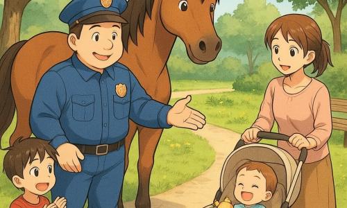 Lucas, policier à cheval souriant et bienveillant au visage rond, en tenue bleue avec badge et bottes, montre d’un geste le chemin plat ; son grand cheval brun Éclair, pelage lustré et crinière flottante, se tient protecteur à ses côtés. À droite, une femme d’environ 30 ans, cheveux châtains attachés, pousse une poussette beige contenant un bébé garçon d’environ 1 an qui rit en agitant une peluche ; à gauche, un garçon de 7 ans en t-shirt rouge applaudit, émerveillé. Le parc matinal, aux allées pavées et à un sentier lisse bordé de fleurs jaunes et d’arbres verts, baigne la scène centrée sur le trio humain-cheval, ambiance calme, couleurs chaudes et traits doux.