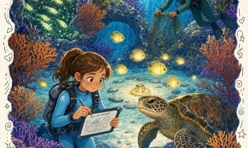 Lina, 10 ans, visage rond et taches de rousseur, en combinaison de plongée bleu ciel, dessine concentrée une carte sous-marine sur une petite ardoise pendant qu'à l'arrière Sana, ~22 ans, en combinaison vert foncé, dégage un filet sans abîmer le corail ; une grosse tortue à la carapace brun-vert avance devant elles comme guide, un banc de crevettes phosphorescentes vertes scintille près d'une fissure rocheuse, autour le récif des Lanternes (coraux orange et pourpre, gorgones violettes, éponges jaunes, arches algueuses), au centre une clairière de sable avec pierres plates en cercle et poissons-lanternes dorés clignotants, la lumière solaire filtrée en rayons bleutés crée une ambiance chaleureuse et mystérieuse, style jeunesse aux traits doux et contours crayonnés.