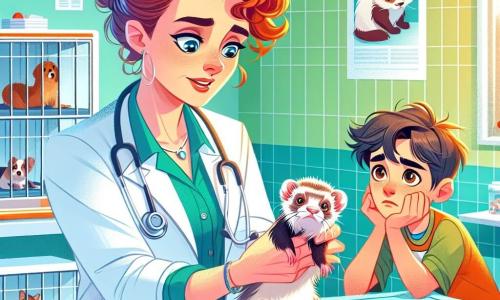Une vétérinaire d'une trentaine d'années, aux cheveux roux bouclés et aux yeux déterminés, est penchée sur une table d'examen. Vêtue d'une blouse blanche et d'un stéthoscope, elle affiche une expression concentrée et bienveillante. À côté, un garçon de douze ans, inquiet, tient dans ses bras une petite furette nommée Biscotte, qui semble fatiguée mais pleine d'espoir. La scène se déroule dans une clinique vétérinaire lumineuse avec des murs verts pastel et des posters d'animaux. La vétérinaire examine Biscotte, tandis que le garçon, prêt à apprendre, observe avec espoir.