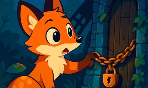 Nox le renard, avec son pelage roux et ses grands yeux brillants, se tient devant le Moulin Noir, curieux et un peu inquiet. Ses oreilles sont dressées, prêt à découvrir le mystère. Près de lui, Lili la souris, avec son pelage gris et ses yeux ronds, l'observe avec inquiétude, cachée derrière un champignon. Le Moulin Noir, vieux et usé, est fait de pierres sombres et couvertes de lierre, avec une porte en bois ornée d'une chaîne rouillée. Des ombres dansent autour, créant une atmosphère mystérieuse. Nox s'apprête à toucher la chaîne tandis qu'une brise légère fait frémir les feuilles, ajoutant une touche de magie à cette nuit intrigante.