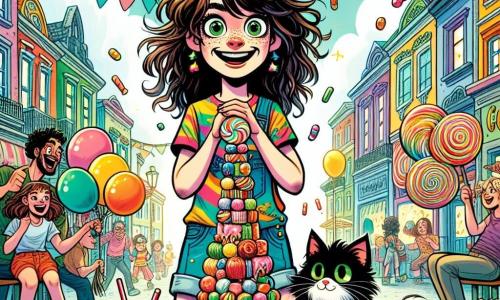 Une fille de 12 ans, avec des cheveux bruns ébouriffés et des yeux malicieux, se tient au centre de la scène, souriante et déterminée. Elle porte un t-shirt coloré à motifs de bonbons et un short en jean, tenant une tour instable de bonbons multicolores. À côté, un chat noir nommé Vladimir observe la tour avec curiosité. La scène se déroule sur une place animée de Coliflor, entourée de bâtiments colorés et de guirlandes, où des enfants et des adultes rient autour d'autres créations sucrées. La fille présente fièrement sa tour de bonbons légèrement penchée, tandis qu'un pigeon curieux s'approche. Les couleurs vives ajoutent une ambiance joyeuse à la scène.