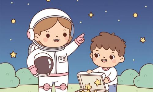 Sophie, astronaute souriante en petite combinaison blanche et rose, casque transparent sous le bras, montre les étoiles du doigt ; Timéo, garçon d’environ 4 ans, cheveux bruns en bataille, tient une valise imaginaire où il range des étoiles dessinées, légèrement devant elle ; décor : jardin nocturne doux avec quelques buissons ronds, une petite fusée jouet rouge sur l’herbe et un ciel bleu foncé parsemé d’étoiles jaunes, ambiance tendre et joyeuse, lumières chaudes, formes simples, couleurs pastel et contours arrondis.