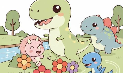 Un grand Tyrannosaure Rex vert pâle tacheté de jaune, souriant et tendre, joue au milieu de grandes fleurs colorées en tendant une patte; Trixie, un tricératops rose clair aux trois petites cornes, rit derrière un buisson fleuri; Vicky, un petit vélociraptor bleu vif aux plumes douces, court en rond comme pour proposer un jeu; Spike, un stégosaure gris-bleu aux grandes plaques colorées, veille calmement en arrière-plan; la scène se déroule dans une clairière lumineuse avec herbe verte, un ruisseau scintillant et quelques arbres arrondis, ambiance joyeuse, couleurs douces, formes simples et contours nets, lisible pour un enfant de 4 ans.