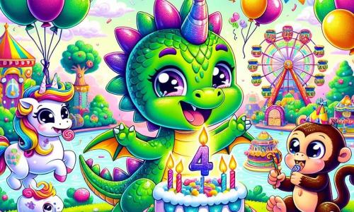 Un petit dragon vert nommé Drago, avec des écailles brillantes et des yeux pétillants, se tient au centre d'un parc d'attractions. Il sourit, battant des ailes avec excitation, entouré de ballons colorés. À sa droite, une licorne rose nommée Lulu danse joyeusement, et à sa gauche, un singe nommé Jojo grignote un bonbon en riant. Le parc est rempli de manèges colorés et de guirlandes lumineuses, créant une ambiance festive. Drago souffle ses bougies sur un grand gâteau d'anniversaire décoré, tandis que des histoires magiques s'échappent d'un livre flottant à côté de lui, ajoutant une touche de merveille à cette célébration.