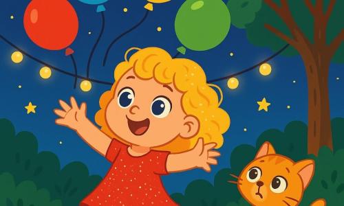 Une petite fille de 4 ans, Emma, aux cheveux bouclés et dorés, porte une robe rouge pailletée qui brille sous les lumières. Elle a des yeux pétillants de joie et un grand sourire, tendant les bras vers des ballons colorés qui s'envolent dans le ciel étoilé. À ses côtés, son chaton Caramel, un petit chat orange aux poils doux, observe avec curiosité. La scène se déroule dans un jardin illuminé par des guirlandes scintillantes, avec un grand arbre majestueux en arrière-plan. Emma, pleine d'énergie, court après les ballons, tandis que Caramel miaule pour l'encourager.