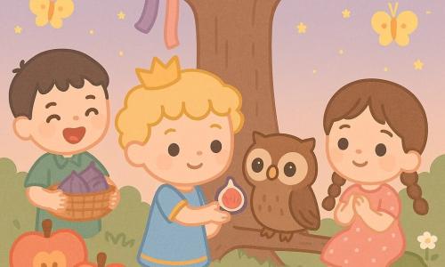 Petit prince souriant aux cheveux blonds bouclés, robe courte bleu ciel à bordures dorées, tend une figue ouverte vers Ombre, un hibou brun aux grands yeux noirs, posé sur une branche basse; à droite, une fillette de 5 ans aux tresses brunes et robe rose à pois applaudit assise sur la mousse, à gauche un garçon de 6 ans cheveux noirs en chemise verte rit en tenant un panier de figues. Le jardin enchanté présente herbe veloutée, un grand chêne aux rubans colorés, fleurs oversize en formes de pommes et papillons-soleil jaunes, sous une lumière de crépuscule et un ciel lavande parsemé de petites étoiles dorées. Scène centrée de partage et d'amitié, tons pastel contrastés, silhouettes arrondies, traits simples, contours fins et textures plates, expressions exagérées mais douces.