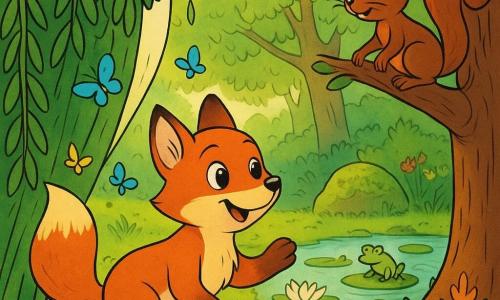 Un petit renard roux au pelage luisant, yeux noisette curieux, queue touffue relevée, souriant en écartant un rideau de lianes pour avancer sur un sentier secret ; un écureuil roux-foncé perché sur une branche, complice et prêt à le suivre, regarde le renard ; des papillons bleus et jaunes voltigent autour ; en arrière-plan, une clairière avec une pierre couverte de mousse, un petit étang aux nénuphars blancs, grenouilles, herbes et fleurs ; lumière douce du matin filtrant entre les arbres, ambiance paisible et enchantée ; composition simple, personnages au premier plan, style lignes nettes, couleurs pleines et expressions lisibles pour les enfants.