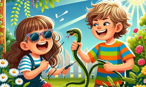 Chloé, une petite fille de 8 ans, est pleine de vie avec ses longs cheveux bruns, ses lunettes de soleil colorées et son t-shirt à rayures. Elle rit en tenant un faux serpent en plastique, prête à faire une farce à son frère Julien, 10 ans, qui a les cheveux blonds en bataille et un sourire espiègle. Dans un jardin ensoleillé rempli de fleurs colorées, Chloé se cache derrière un buisson, riant alors que Julien découvre le serpent, surpris et amusé. Les rayons du soleil créent une atmosphère joyeuse.