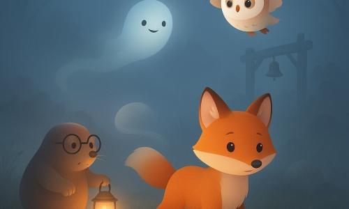 Nino, petit renard roux au pelage doux et aux yeux noisette, avance prudemment sur un sentier nocturne dans un pré enveloppé de brouillard gris perle, patte levée en comptant ses pas; Lila, chouette blanche et beige aux grands yeux, vole en stationnaire à sa droite, inquiète puis courageuse; Mamie Taupe, ronde et moustachue avec lunettes épaisses, tient une lanterne qui projette une lumière chaude à gauche; le Tintouin, petite boule de brouillard translucide souriante, flotte devant en laissant une traînée lumineuse; la lanterne et cette traînée dessinent un chemin jusqu'à un vieux portail en bois couvert de mousse avec une cloche, tandis que branches et pierres se devinent en silhouettes trompeuses.
